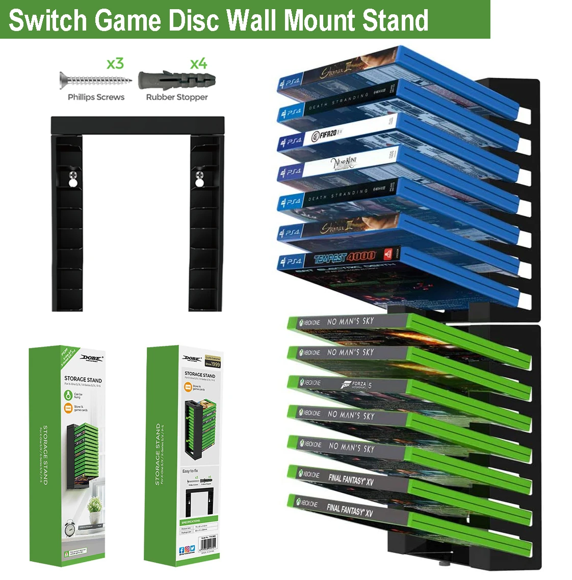 Game Disc Wall Mount Storage Stand 14 Cd Boxes Slots Holder with 4 Rubber Stopper 2 Screw for Ns Switch Ps4 Xbox Game Card Stand