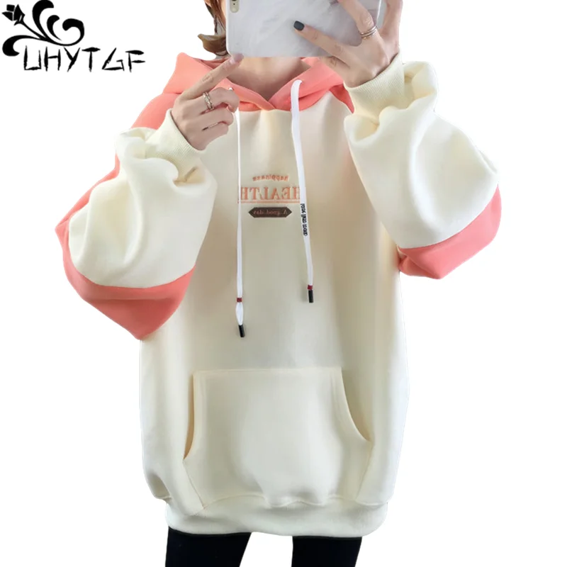 UHYTGF Cute Girl Autumn Winter Sweatshirt Women Harajuku Hooded Pullover Elegant Tops Fleece Warm Loose Oversized Jacket 1243