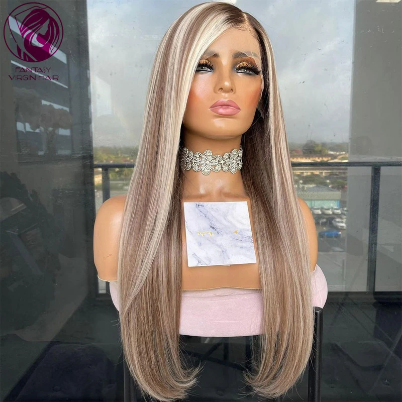 Deep Side Parting Full Lace Wig Transparent Lace Front Human Hair Wigs 13x6 Brown Blonde Highlights Women