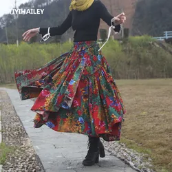 TIYIHAILEY spedizione gratuita 2021 New Big Hem Long Maxi A-line vita elastica donna cotone lino stampa fiore gonna rossa di alta qualità