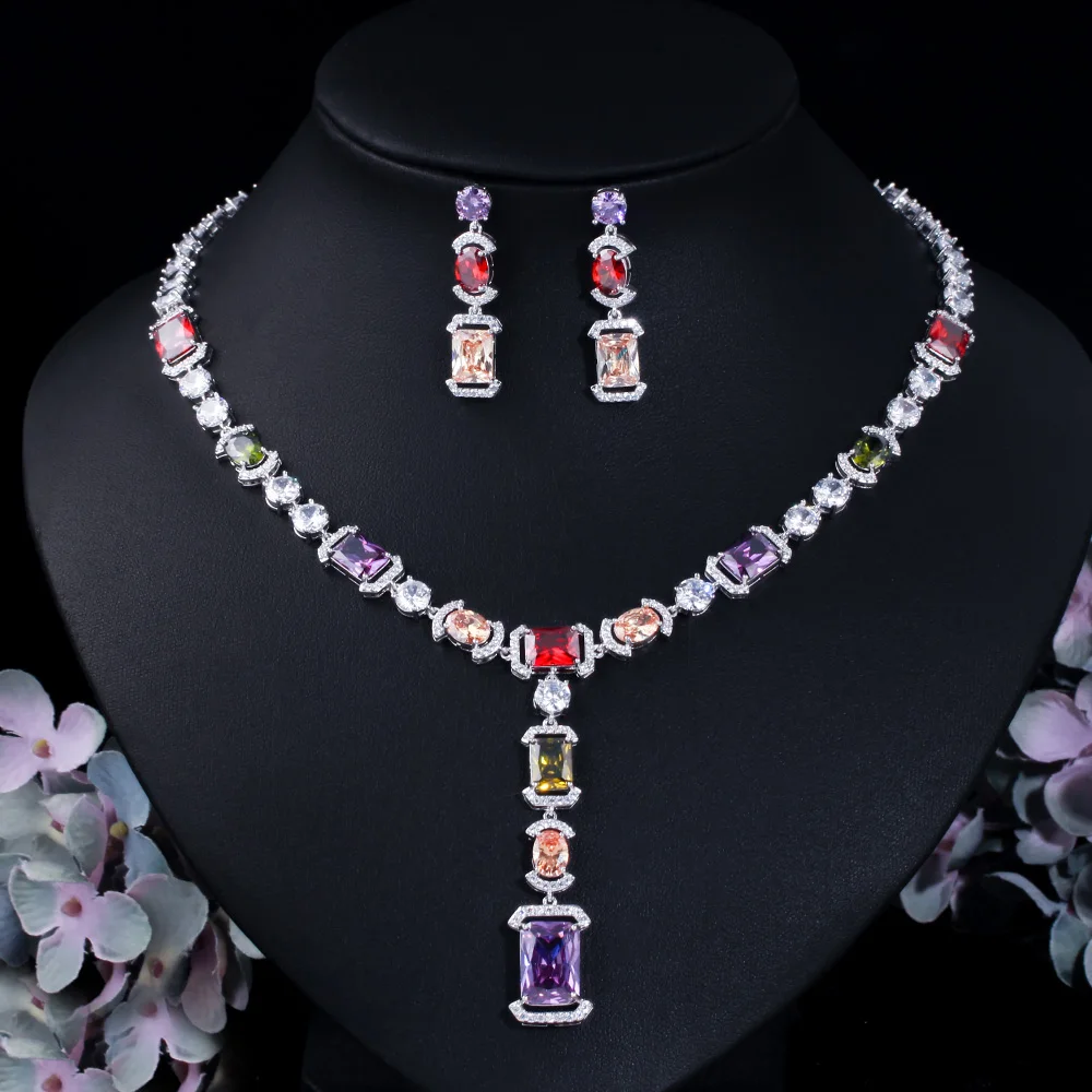 CWWZircons Sparkling Multicolor Cubic Zirconia Big Dangle Drop Party Wedding Necklace Bridal Jewelry Sets Dress Accessories T571