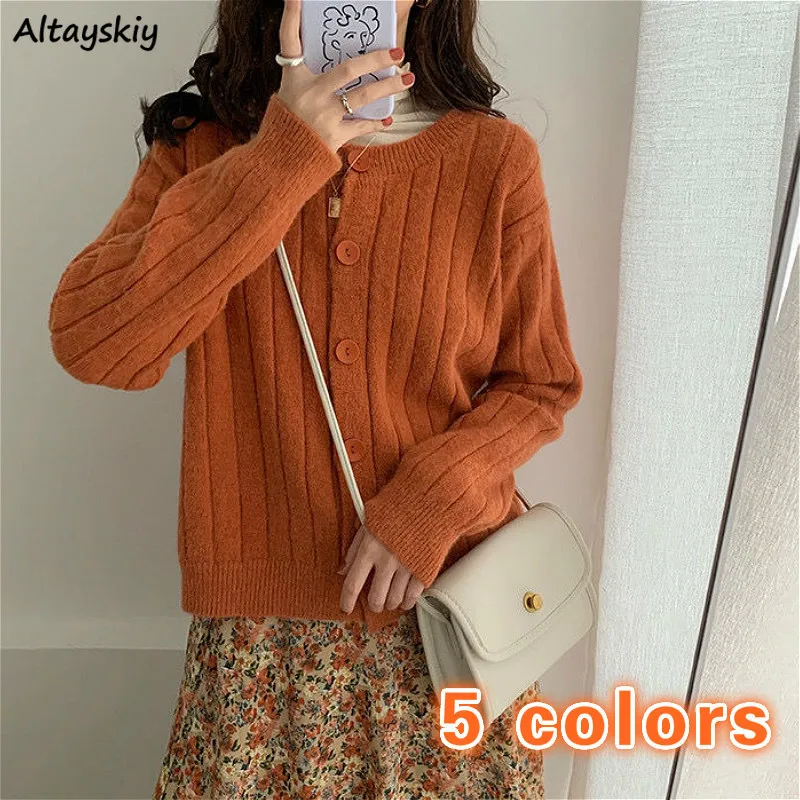 Sweaters Women Vintage Orange Chic Preppy Single Breasted Loose Ulzzang Woman Knitwear Fall Lovely Harajuku Elegant Girl Sweater