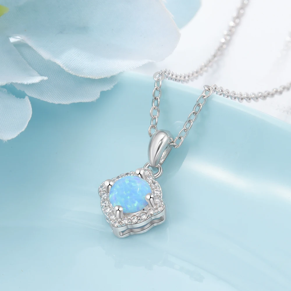 925 Sterling Silver Necklaces & Pendants for Women Fashion Opal Stone Necklaces with Clear CZ Fine Jewelry Gifts (Lam Hub Fong)