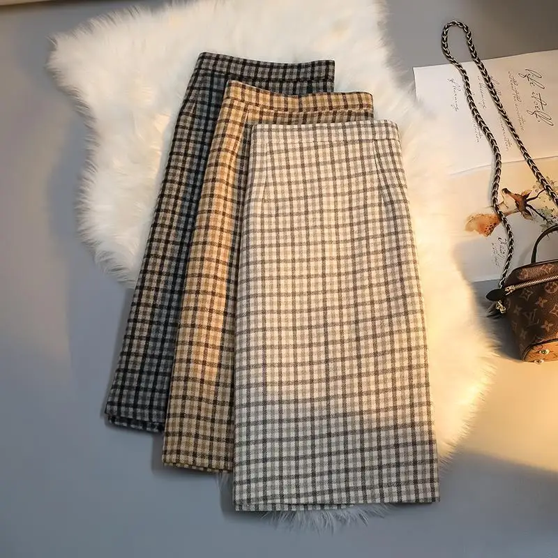 Woolen Plaid Skirt for Women 2024 Autumn Mid-Length High Waist A- line Sheath Skirt Slimming Bottoming Dress Mujer Faldas