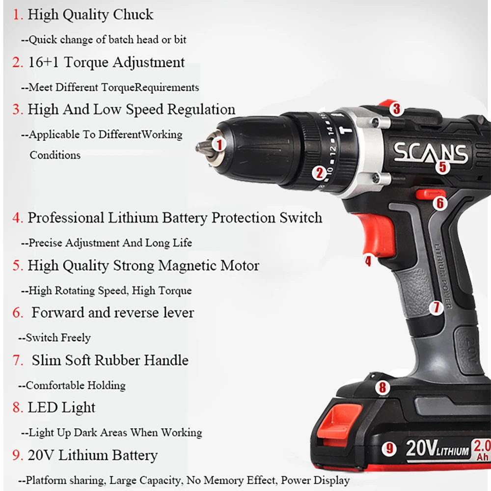 SCANS SC3180 professional tool 20V Cordless electric Impact Screwdriver impact drill hammer drill  Lithium Battery Dual Speed