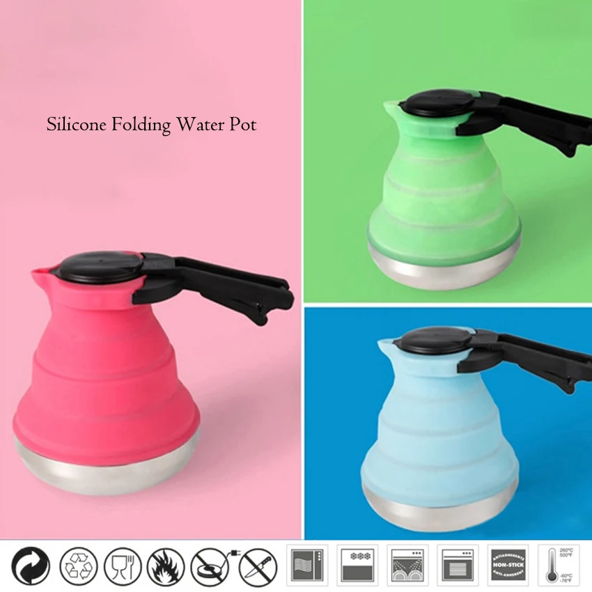 Outdoor Portable Silicone Kettle Foldable Collapsible Silicone Kettle 1.5L Steel Bottom