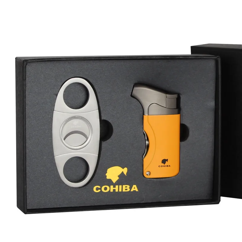 COHIBA Cigar Lighter Cutter Gift Set Kit Splitter Accessories Set Gas Lighters Sharp Cigar Cutter Set with Gift Box