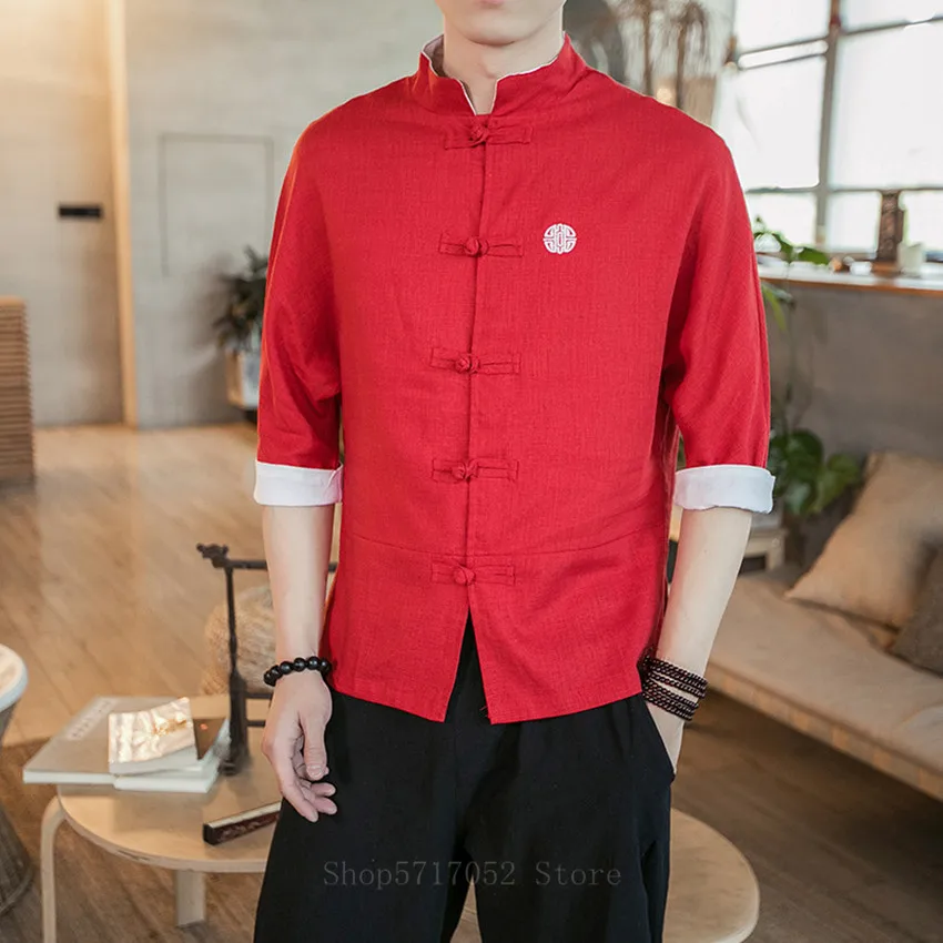 2022 New Chinese Style Mens Tops Tang Suit Linen Half Sleeve Solid Traditional Kung Fu China Style Hanfu Shirt Plus Size M-5XL