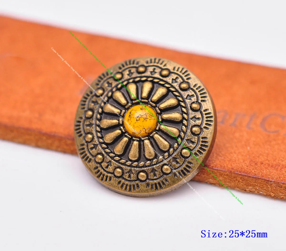 10pcs 25mm Retro Brass  Indian Flower Art Yellow Turquoise Conchos For Leathercraft Western Bridle Tack Belt Wallet Case Decor