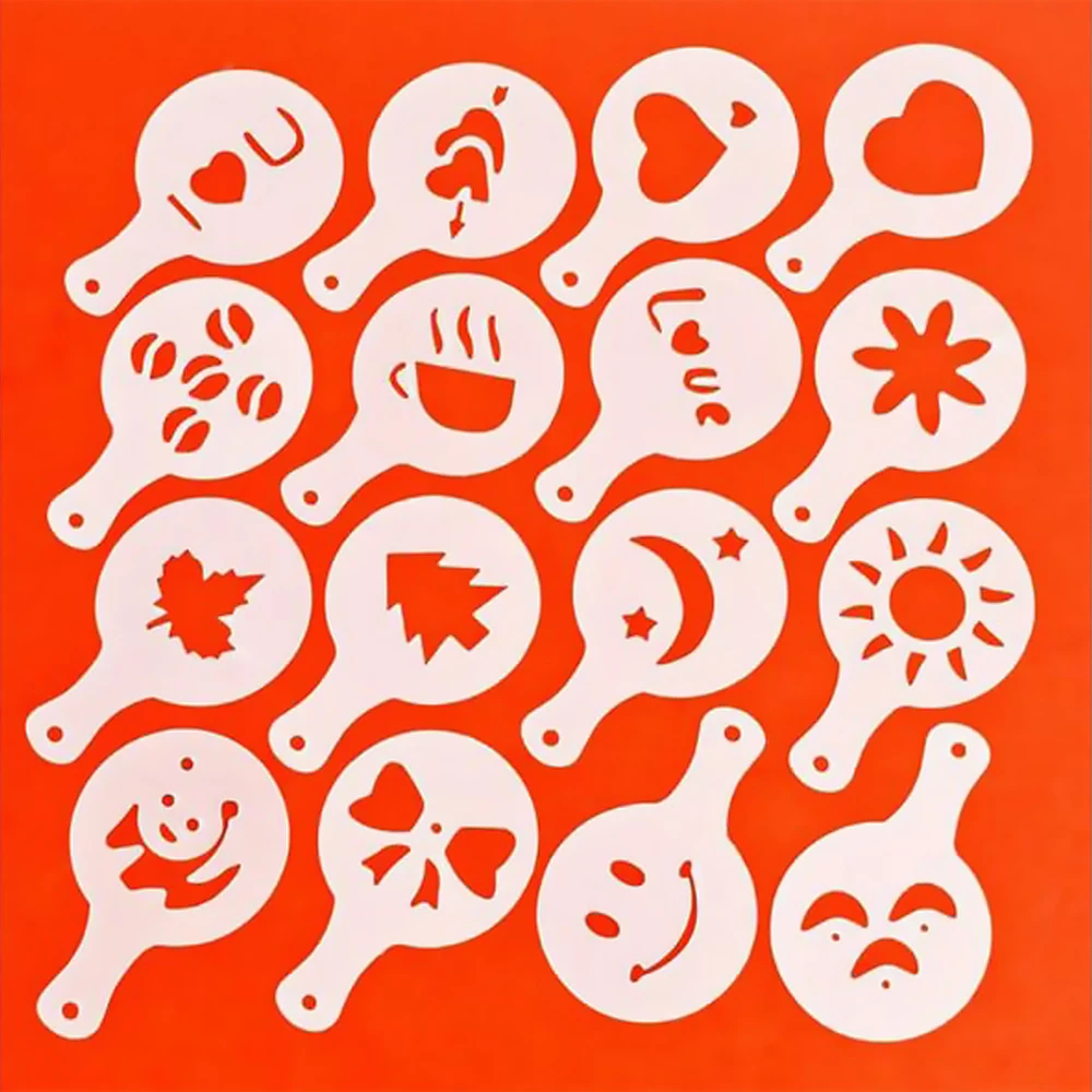 16pcs Plastic Fancy Coffee Printing Model Cafe Foam Spray Template Barista Stencils Decoration Tool