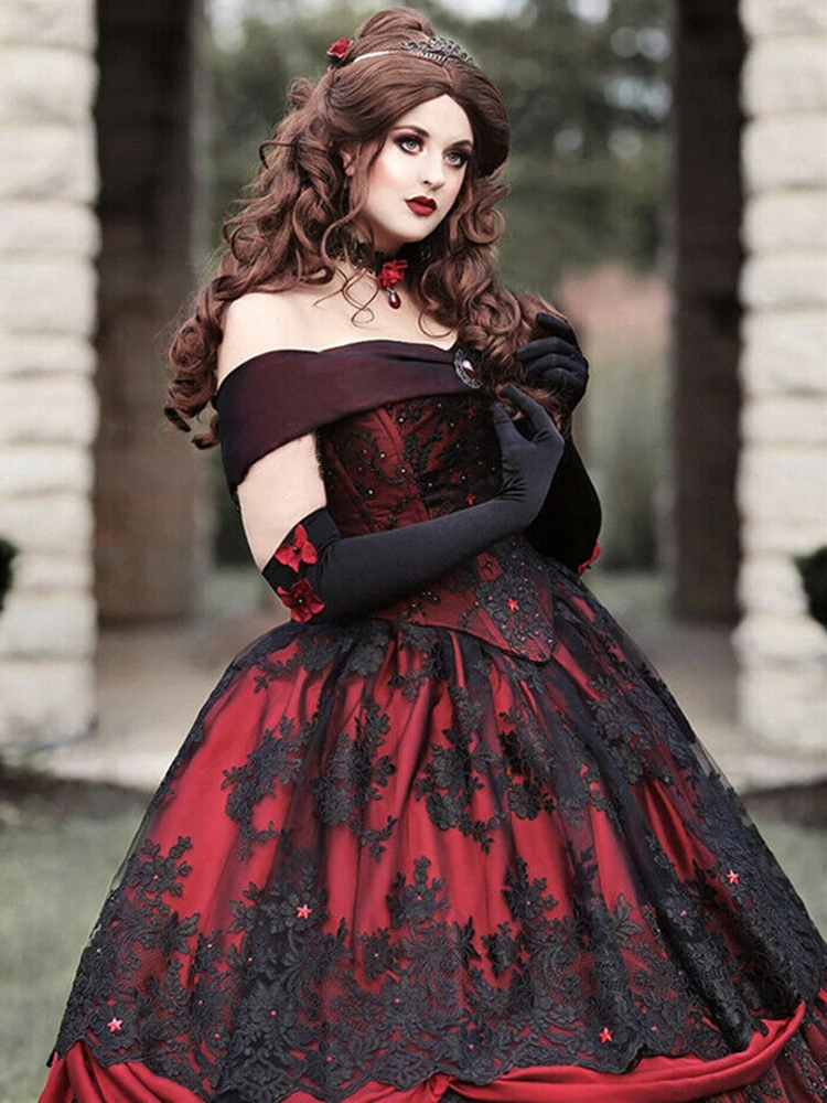 Vestido de novia gótico Medieval Borgoña y negro, vestido de novia de mascarada victoriana personalizado de manga larga con Apliques de encaje