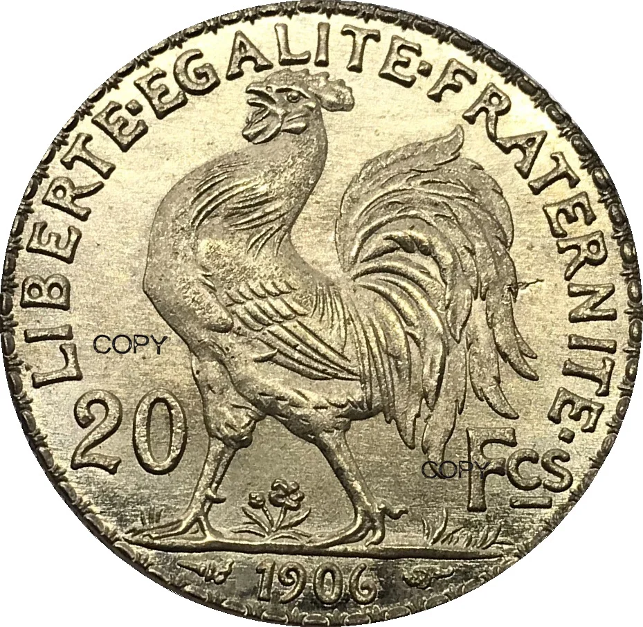 France Gold Coin 20 Francs 1906 Gold Marianne Rooster Brass Metal Copy Coins