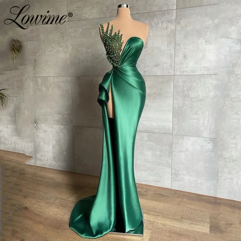 Lowime Emerald Green Long Evening Dresses 2022 High Slit Beaded Satin African Arabic Women Evening Gowns Customized Party Dress