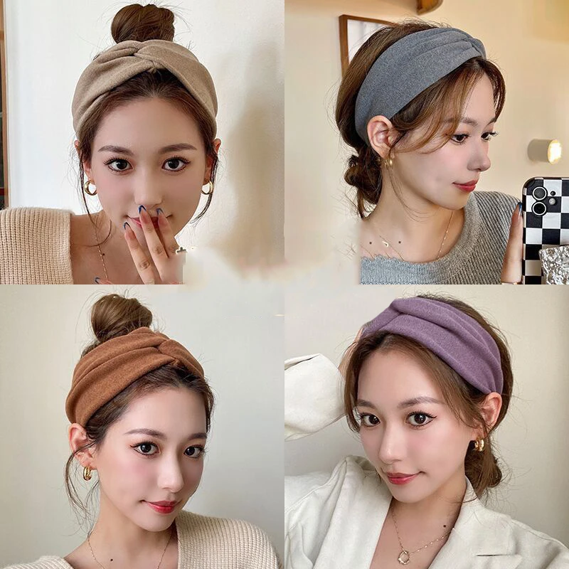 Women Girls Solid Color Hair Bands Knitted Soft Headbands Vintage Cross Turban Bandage Bandanas Fashion Hair Accessories