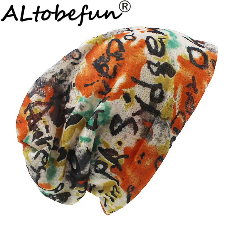 ALTOBEFUN Thin Graffiti Design Skullies And Beanies Women Scarf Face Mask Brand Autumn And Winter Dual-use Hats For Lady BHT011