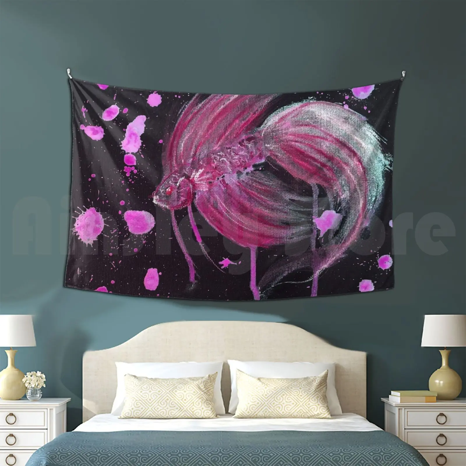 Fuschia Splatter Betta Tapestry Living Room Bedroom Fuschia Betta Betta Fish Fish Splatter Abstract Tradtional