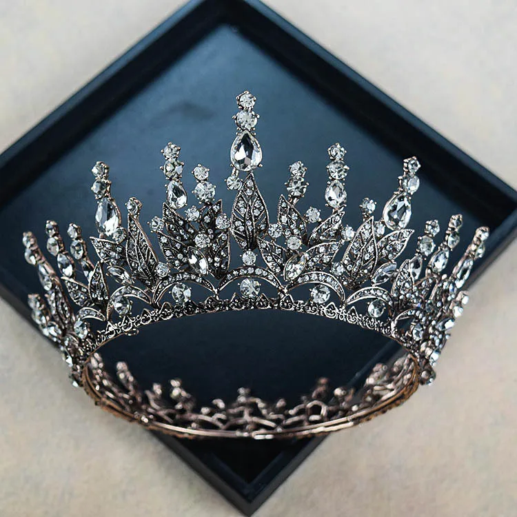 

Baroque Queen Black Crown For Women Rhinestone Wedding Crown Big Round Tiara Negra Costume Party Accessories For Brithday Prom