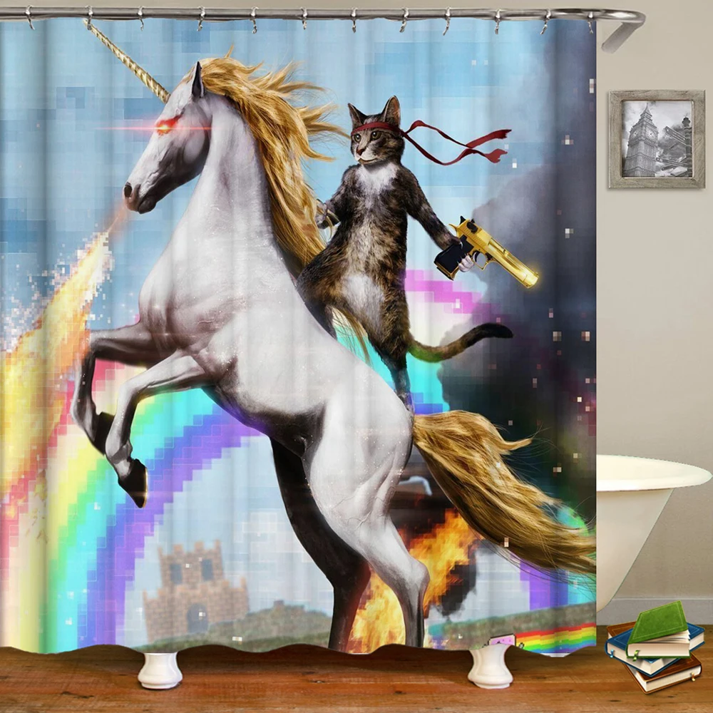 

Cartoon Knight Cat Printed Shower Curtain Waterproof Perforated Bathroom Curtain Curtain