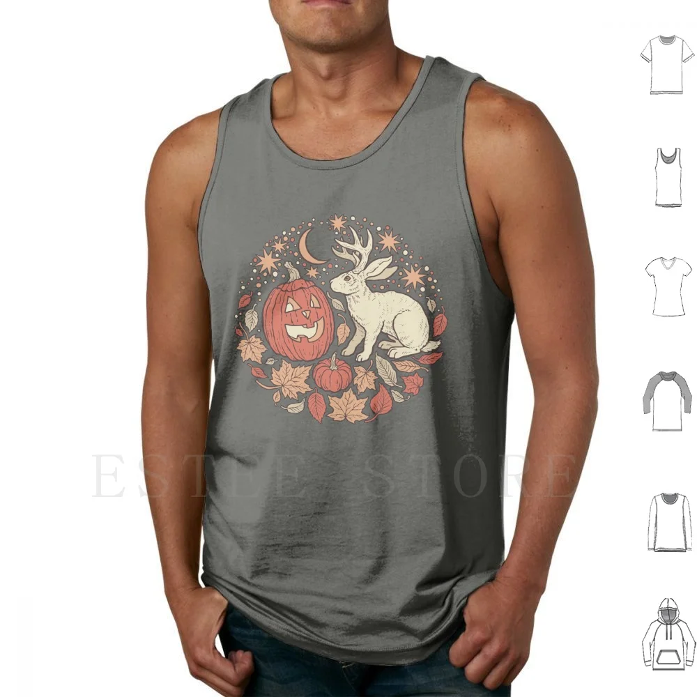 Halloween Friends Autumn Palette Tank Tops Vest Cotton Jackalope Jack O Lantern Halloween Pumpkin Jack Lantern Leaves Fall