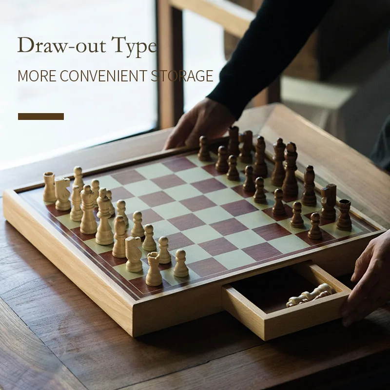 Solid Wood Chessboard Drawer Style Birch Chess Set Game-Specific Creative Wooden Pieces Portable