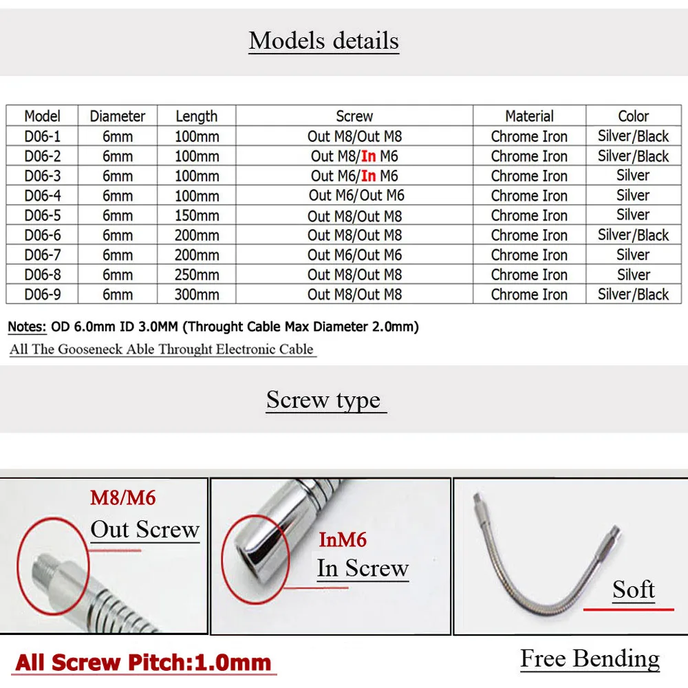 10pc Diameter 6mm led gooseneck Soft Light Chrome metal Flexible Hose 10 20 30CM Universal Pipe serpentine tube Desk lamp holder