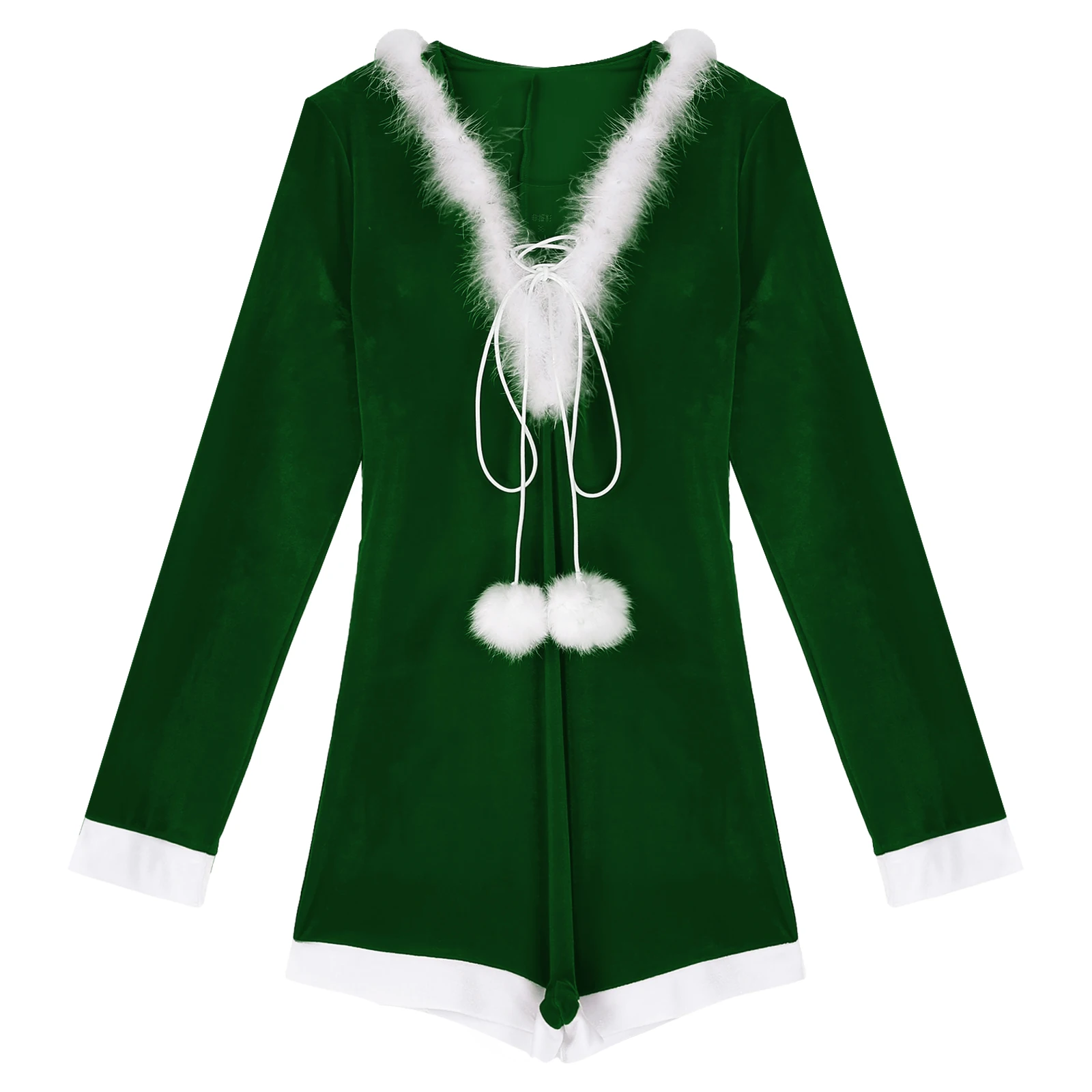 

Women Christmas Costumes Bodysuit Girls Hooded V Neck Long Sleeves Lace-up Front Straps with Pompoms Short Jumpsuit