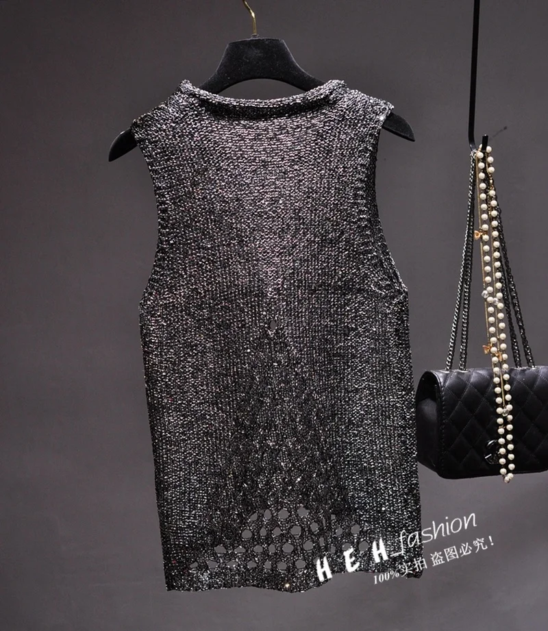 Fashion Personality BINGBING Sparkling Sequins Hollow Out Light Silk Sleeveless Sweater Vest Vest Coat Female The New Summer