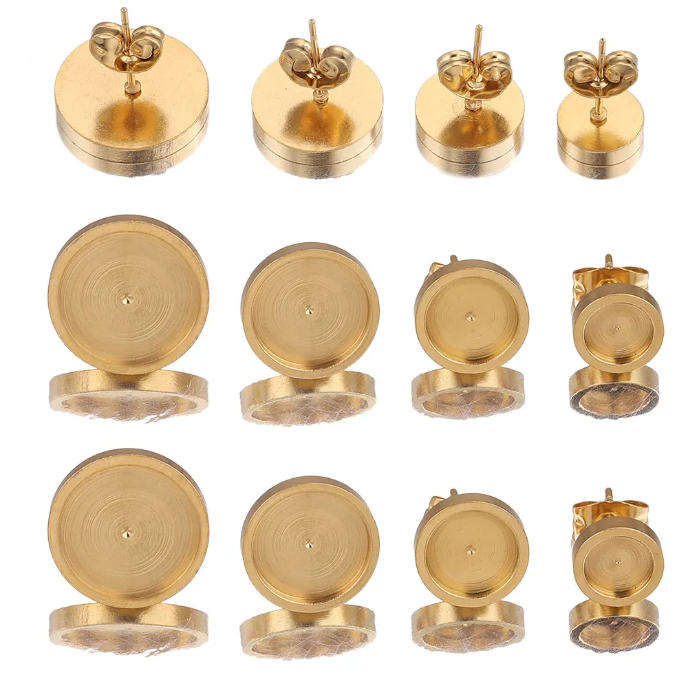 10pcs/lot 6 8 10 12mm Gold Stainless Steel Flat Stud Earring Setting Blank Earring Base Resin Cabochon Tray Diy Jewelry Making