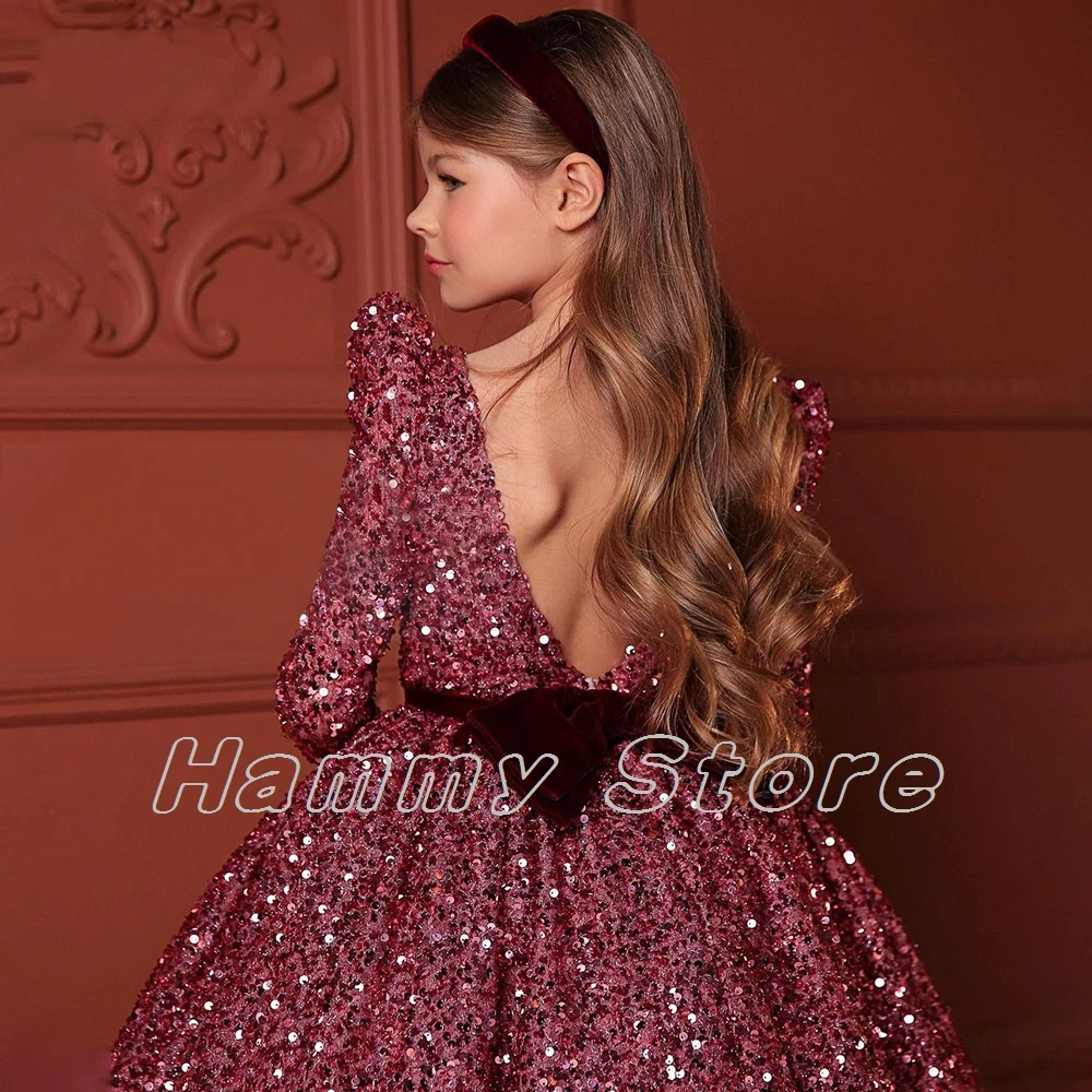 Burgund Pailletten Blume Mädchen Kleid Volle Ärmel Kleines Mädchen Kleider Knie Länge Pageant Kleider Bogen Puffy Erste Kommunion Kleid