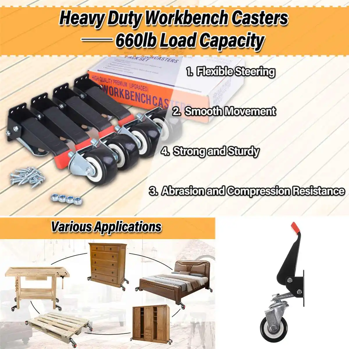 Imagem -03 - Quick Change Workbench Rodízios Kit Heavy Duty Retrátil Workbench Rodas 660lbs Capacidade de Peso Pcs