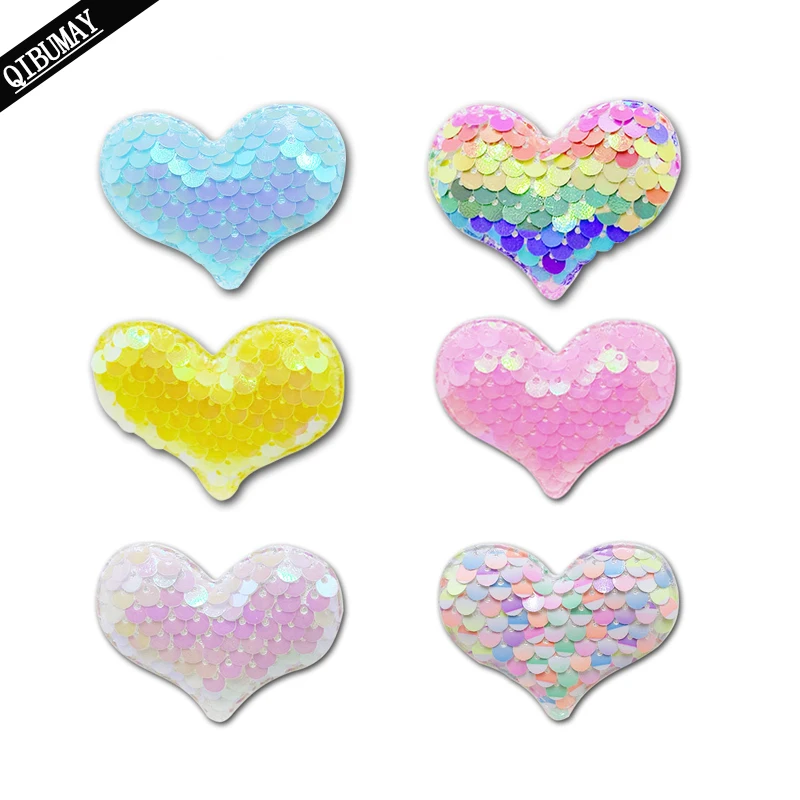 QIBU 10/20pcs Reversible Sequin Heart Patches Colorful Pink Hairbow Crafts Supplies Garment Decorative DIY Clothes Accessories