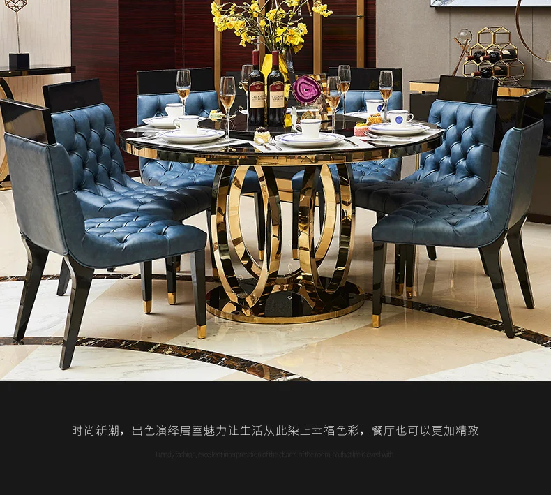 designer unique new stainless steel golden dining room set with marble table and 6 leather chairs mesa de jantar muebles comedor