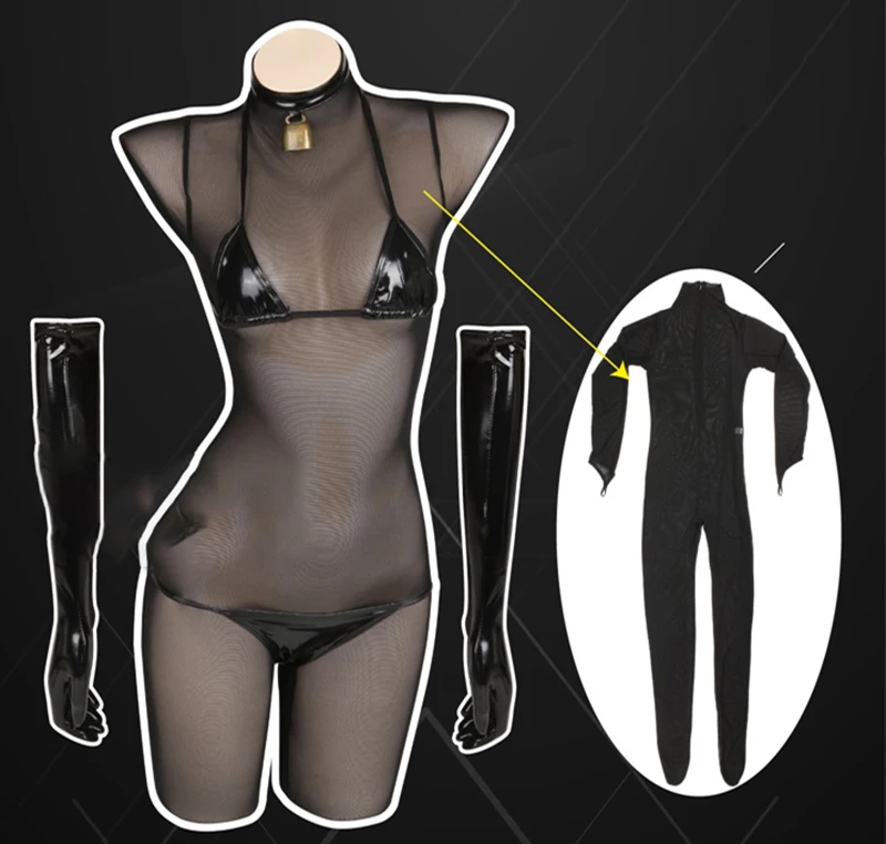 

Customize Size Unisex Wet look PVC Shiny Bikini Full Set With Mesh Bodysuit And Long Gloves And Long Stocking Cosplay Costume