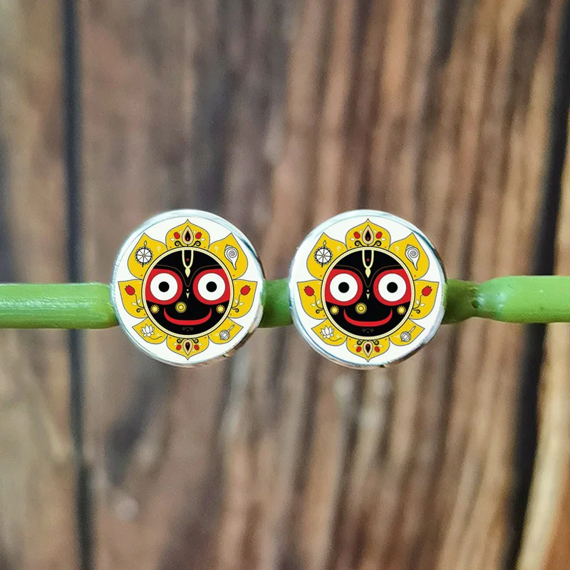 New Hindu God lord Jagannath Earrings for Women Men Cartoon Face Mandala Religious Glass Photo Handmade Stud Earring Jewelry