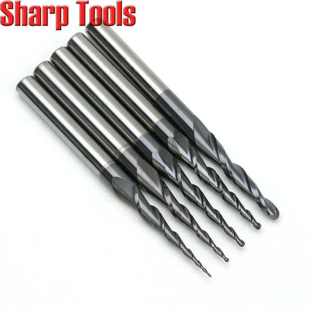 Quality 5pcs R1.5*6D*30.5*75L*2F Taper End Mill, Imported Tungsten Carbide Tool, HRC55 Ball Woodworking Bit Router for 3D Relief