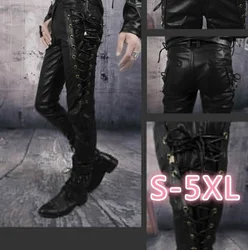 Pantalones vaqueros con cordones laterales de cuero negro grueso para hombre, pantalones largos para motocicleta, estilo vaquero