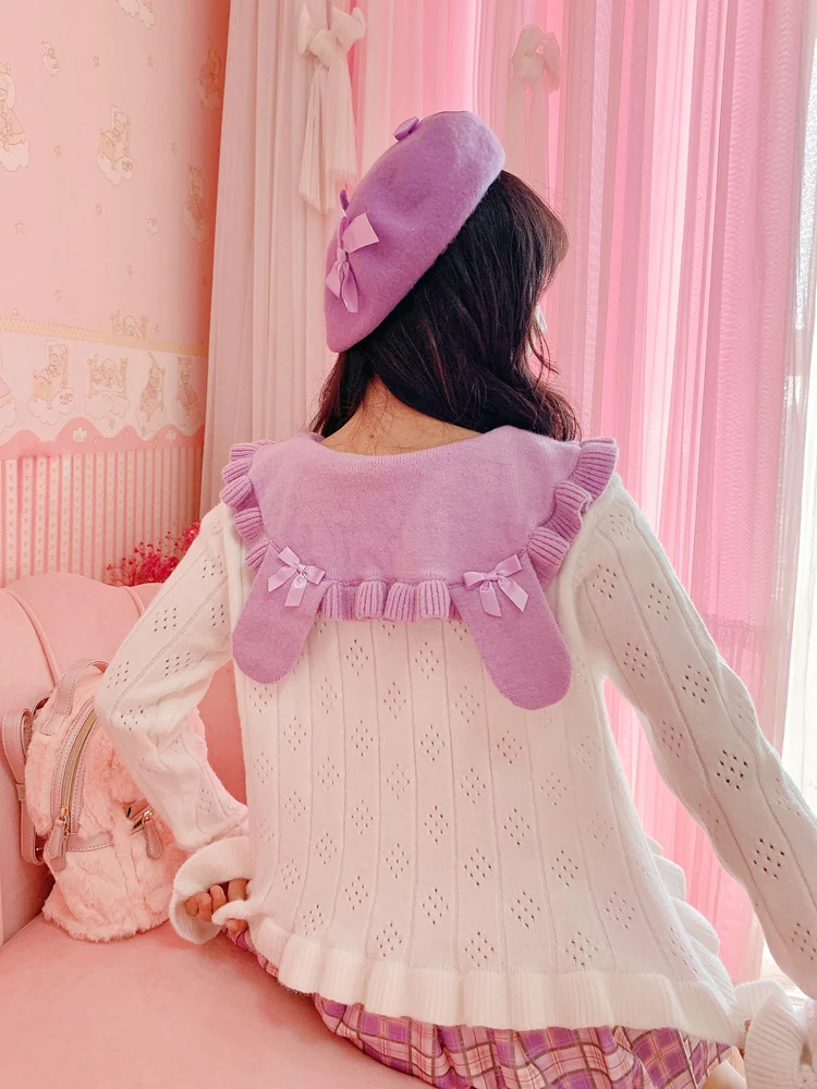 Kawaii Rabbit Ear Knit Sweater Cute Girl Jumper Women Crop Top Autumn Korean Fashion Long Sleeve Vintage Tie Bow Front Pullover