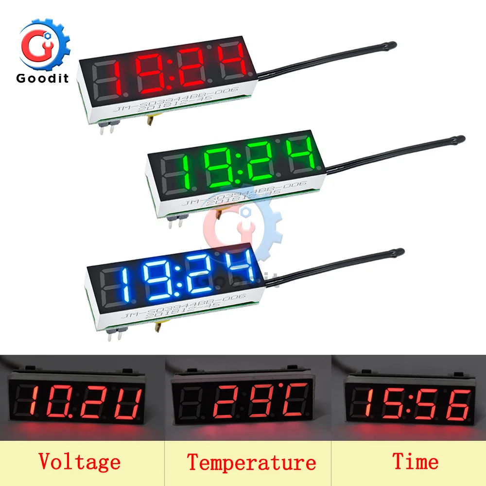 3 In 1 LED Digital Tube Clock Temperature Voltage Module Time Thermometer Voltmeter Time Meter Board DC 5V-30V Green DS3231SN