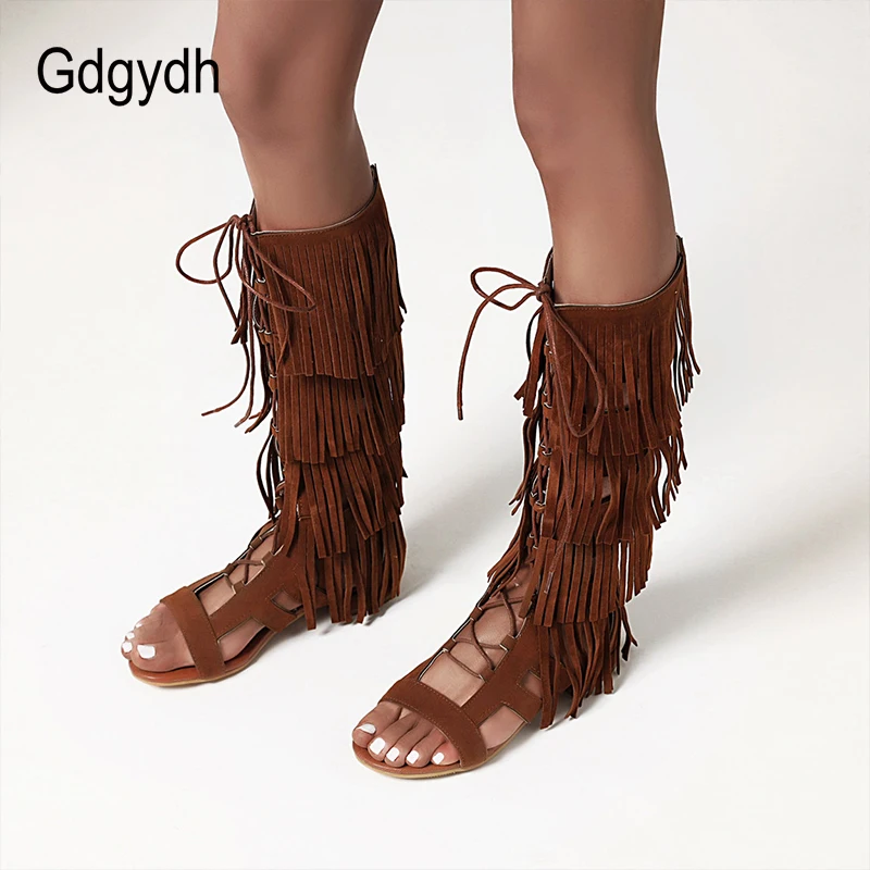 Gdgydh Sexy Tassel Gladiator Sandals Women Knee High Low Heel Back Zipper Spring Summer Shoes Ladies Open Toe Romen Style Retro