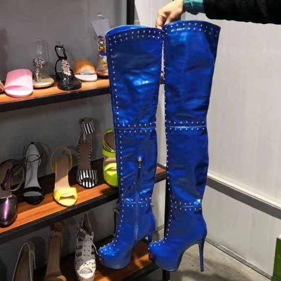 Crotch Long Platform Sexy Studded Thigh High Boots Stiletto High Heels Bootie Round Toe Shiny Blue Shoes Women Plus US Size 5-15