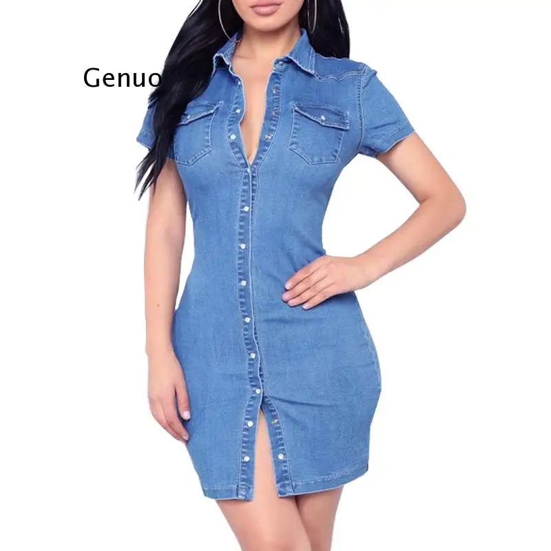 Elegant Fashion Fit Denim Dress 2021 Spring Summer Sundress Short Sleeve Mini Jeans Dress Sexy Casual Party Dresses Streetwear