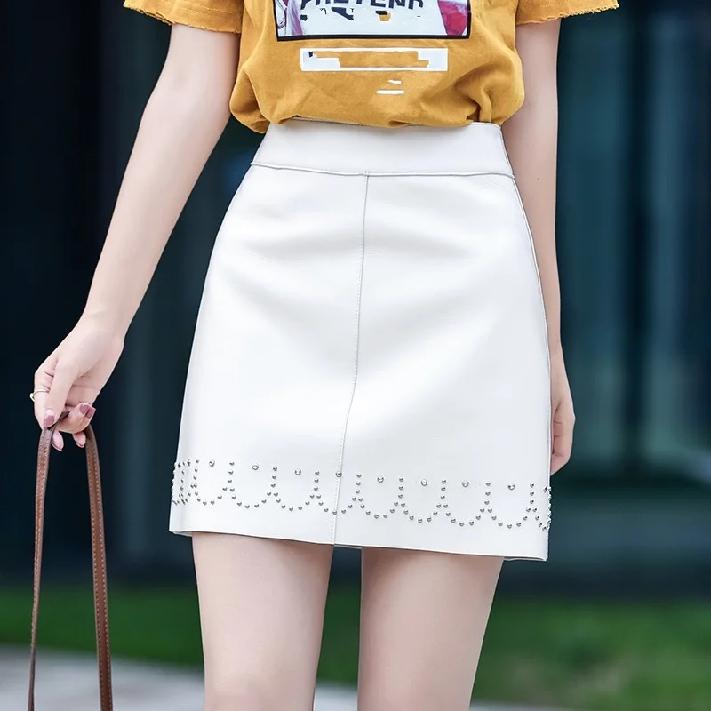 Womens New Genuine Leather Skirt Rivet Beading Design Fashion High Waist Skirt Sheepskin Above Knee Elegant A-Line Skirt