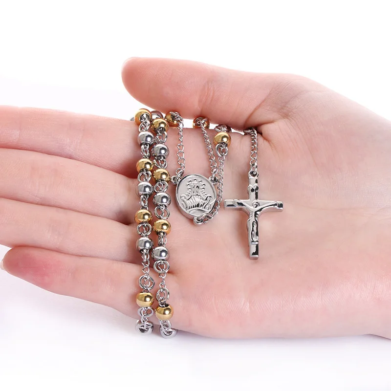 Stainless Steel Rosary Beads Jesus Pendant Necklace Catholic Metal Long Chain Cross Necklace for Women Jewelry Gifts