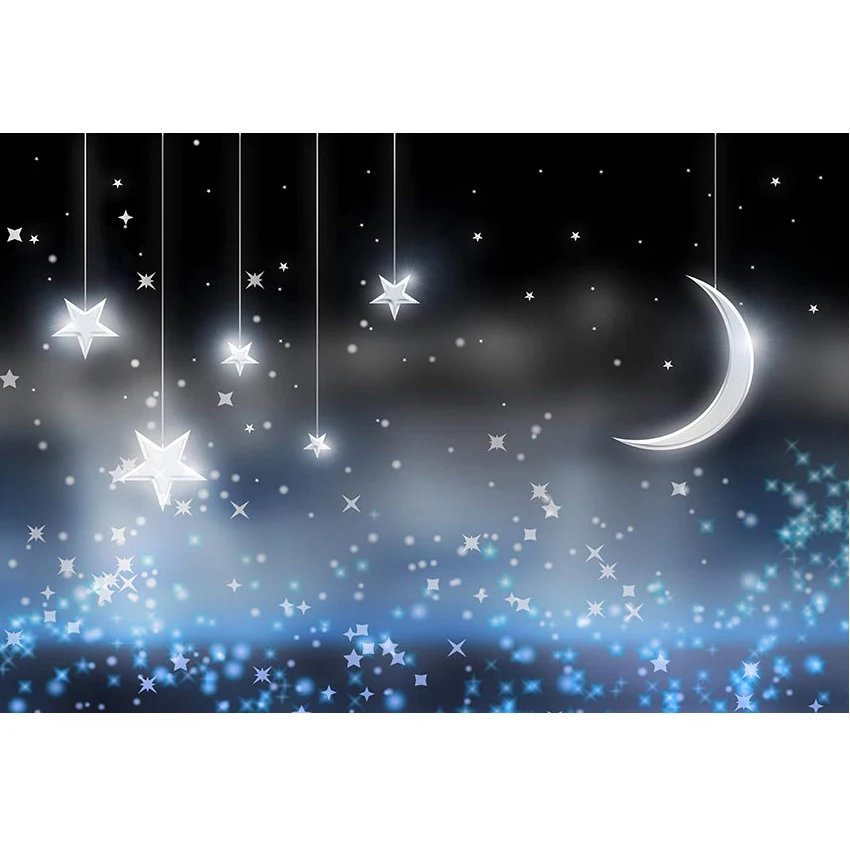 

Night Sky Crescent Glitter Stars Backdrop for Newborn Baby Shower Kids Children Birthday Party Decoration Photo Booth Background