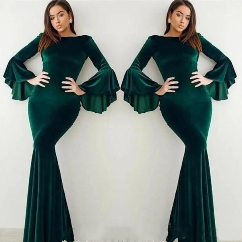 

Velvet Dark Green Evening Party Dresses Flare Long Sleeves Mermaid Arabic Celebrity Gowns Prom Gown Customed Robe De Soiree