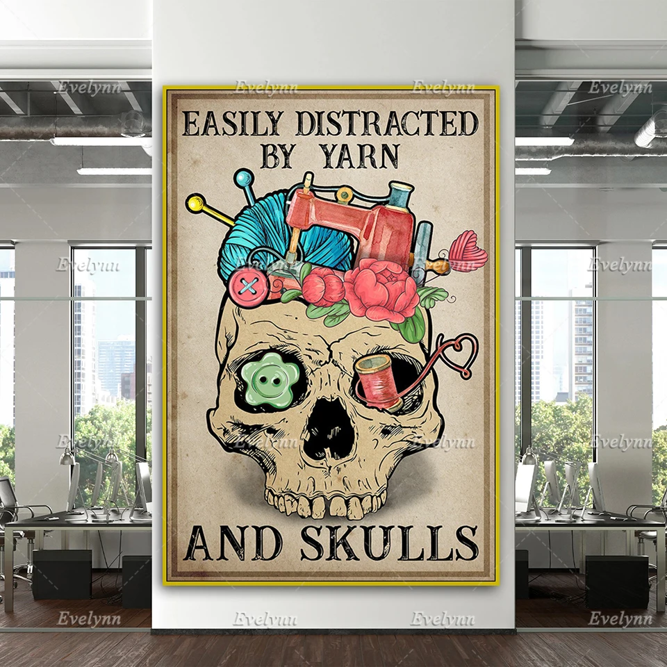 Easily Distracted By Yarn And Skulls Poster,Sewing Machine Skein Art,Funny Skull,Wool Rolls Home Decor Canvas Wall Art Prints