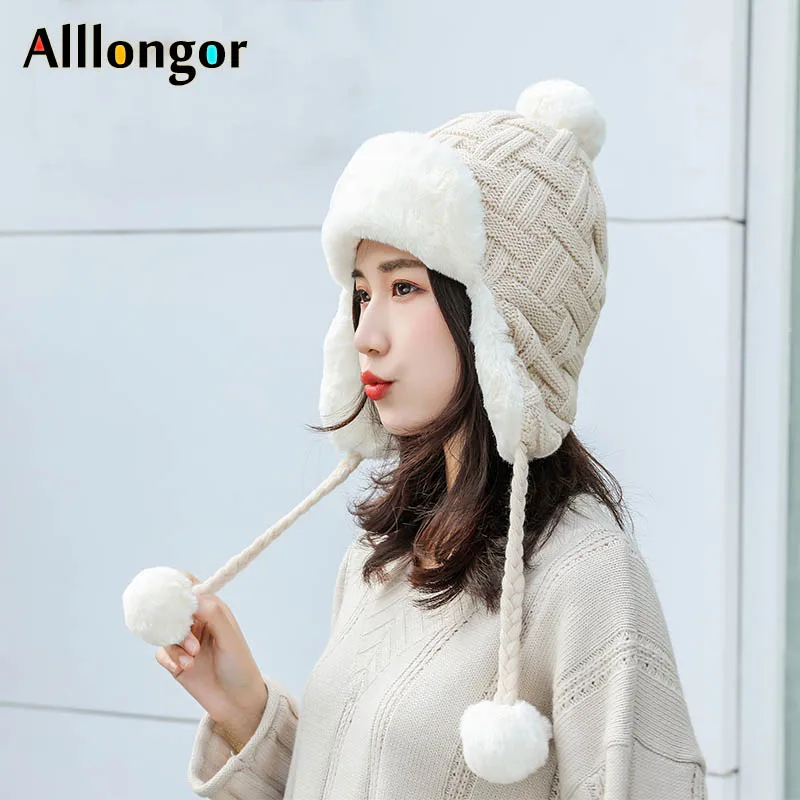 Ushanka-sombrero de nieve de punto para mujer, gorro de bombardero ruso, de piel sintética de conejo, con pompón, para invierno, 2023