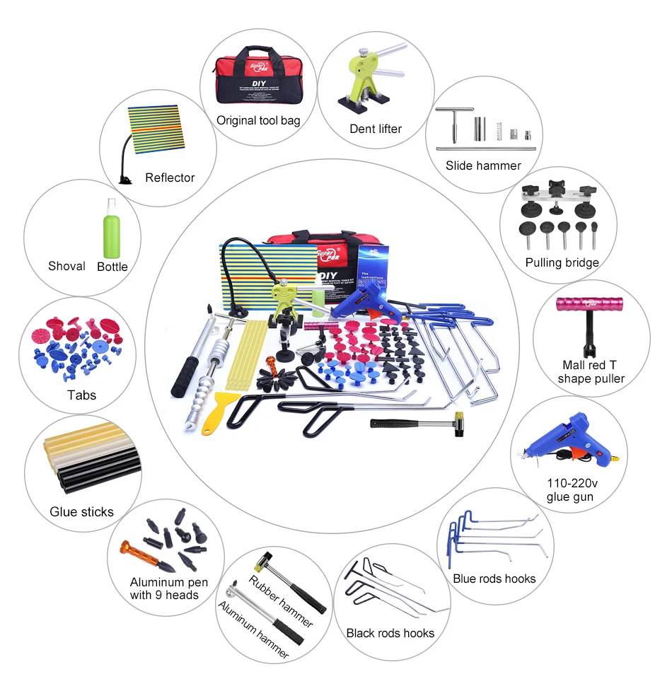 PDR 차체 무도장 덴트 수리 제거 도구, 스테인레스 스틸 푸시 로드 크로우바 키트, 자동차 덴트 리무버 풀러, 차고 도구