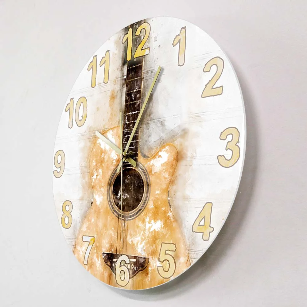 Watercolor Acoustic Guitar Wall Clock Musical Art Print Hanging Silent Wall Watch Classic Guitar Music Room Décor Guitarist Gift