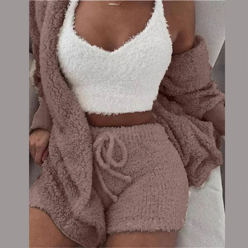 Sexy Women Fluffy Pajama Sets 3 Piece Tracksuit Plush Hooded Cardigan Coat+Crop Top+Shorts Casual Sleepwear Suits Plus Size